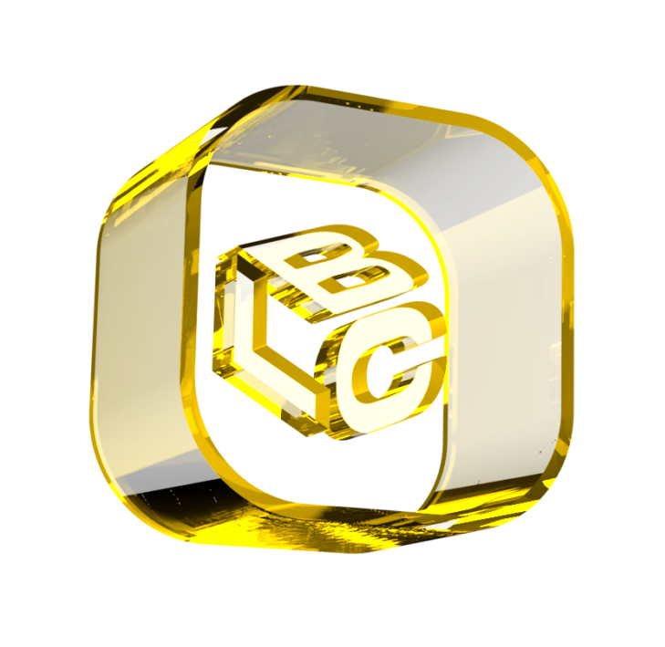 Logo do LCbank com letras B, L e C em dourado translúcido