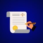 lustração de um documento jurídico com selo, símbolo da balança da Justiça e uma mão assinando o papel com uma caneta, representando contrato, precatório, RPV, acordo judicial ou cessão de direitos. Fundo azul.