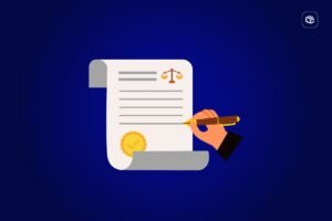 lustração de um documento jurídico com selo, símbolo da balança da Justiça e uma mão assinando o papel com uma caneta, representando contrato, precatório, RPV, acordo judicial ou cessão de direitos. Fundo azul.