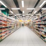 Corredor de supermercado com prateleiras cheias de produtos alimentícios.